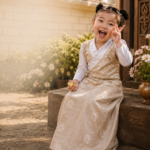 Young girl wearing traditional Bakhu dress for female kids in cream and white, smiling outdoors in a Himalayan-inspired setting