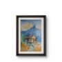 Framed watercolor painting of a small Himalayan cottage beneath blue mountain peaks in Nepal.
