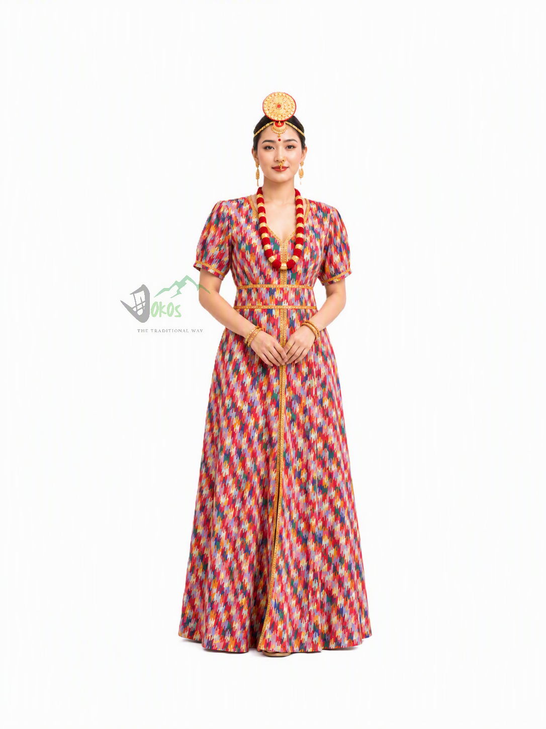 Nepali Limbu woman wearing a traditional Mekhli Gown made with colorful Dhaka fabric and traditional Limbu ornaments on a white background.