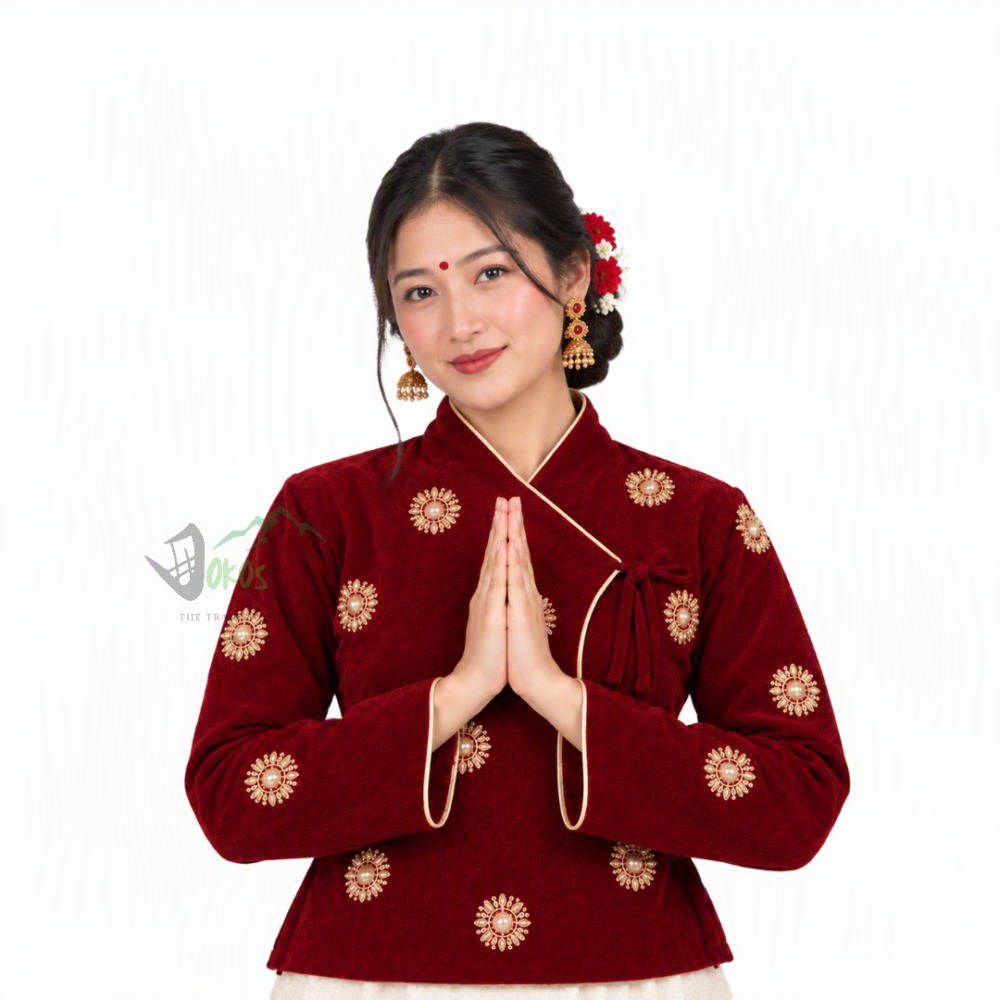 Traditional Nepali Chaubandi Cholo (Maroon) | Dokos