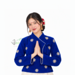 Blue traditional Nepali Chaubandi Cholo with gold embroidery and cream-gold piping
