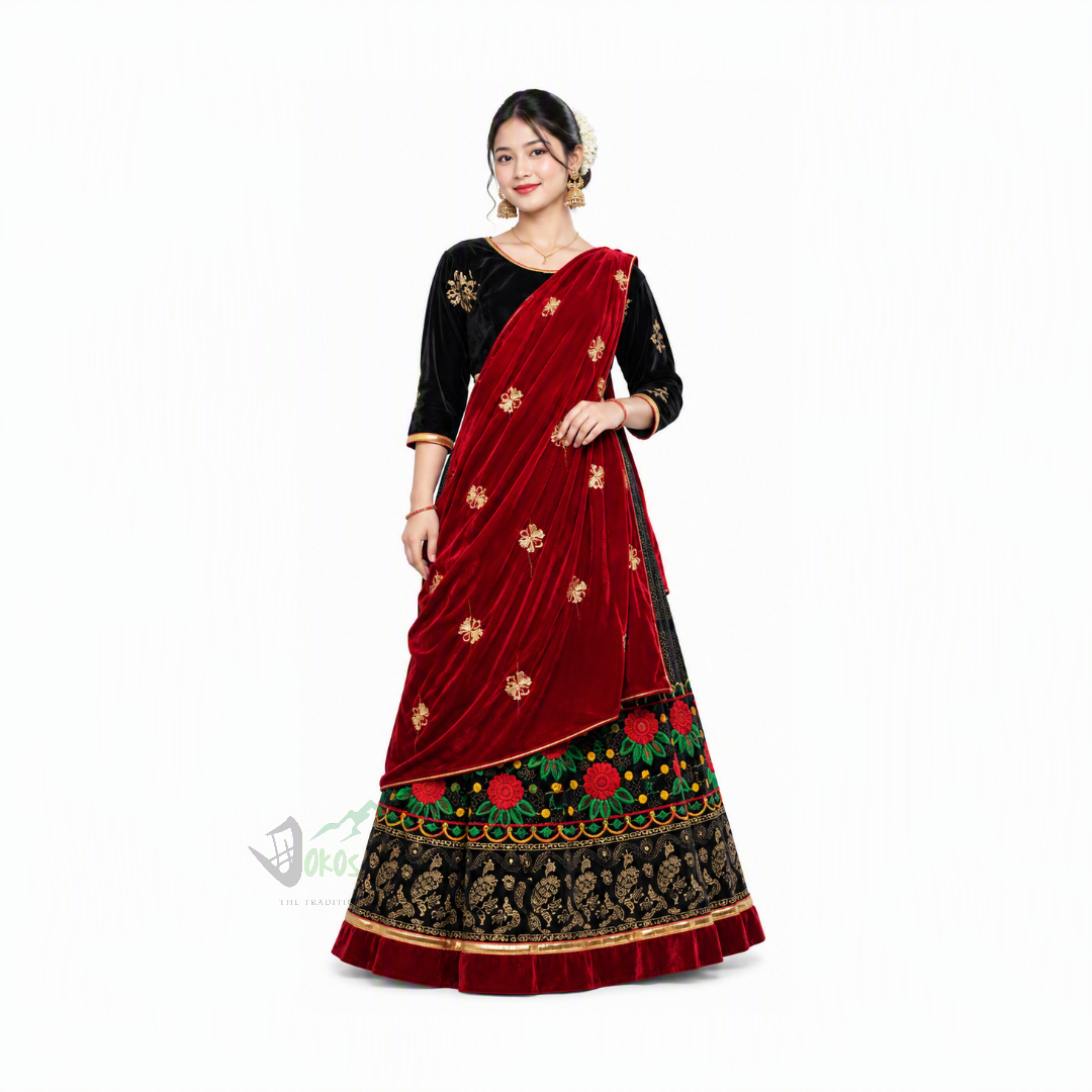 Red Gurung and Magar traditional women’s dress with black Urbandi blouse and embroidered lehenga