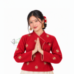 Red traditional Nepali Chaubandi Cholo with gold embroidery and cream-gold piping