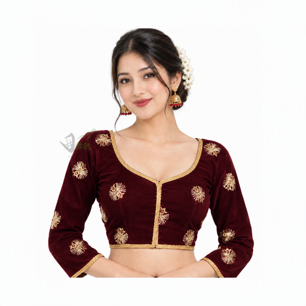 Traditional Nepali Chaubandi Cholo Blouse (Burgundy-red) | Dokos