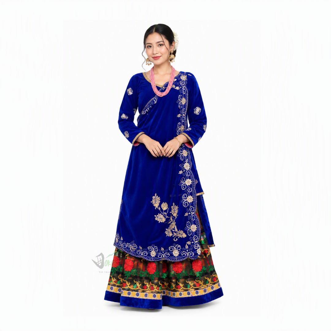 Blue traditional Gurung and Magar/Mangar women’s dress with embroidered lehenga
