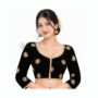 Woman wearing a Black Nepali Chaubandi Cholo blouse with gold embroidery