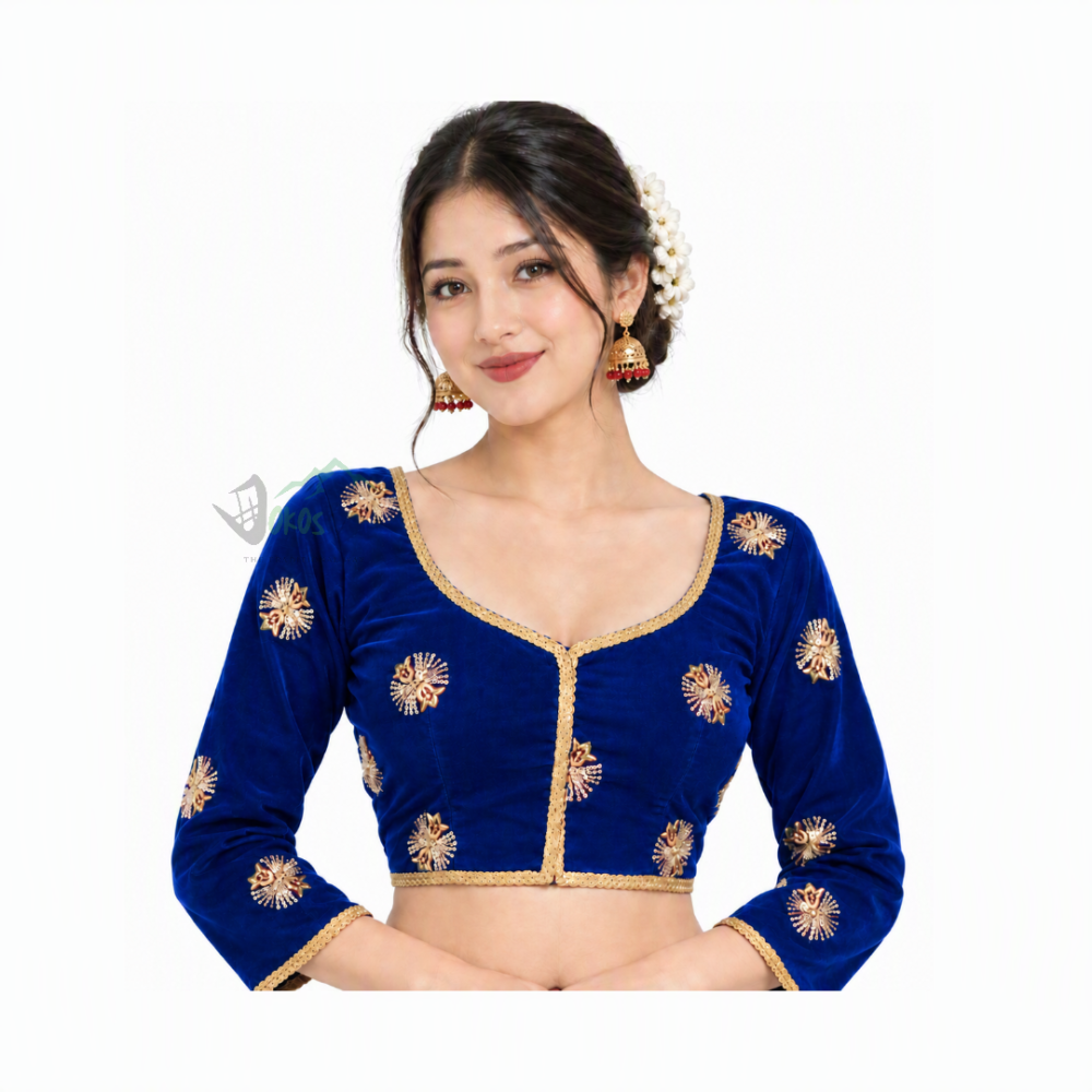 Traditional Nepali Chaubandi Cholo Blouse (Blue) | Dokos