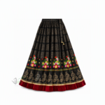 Black and maroon traditional lehenga with colourful floral motifs and gold patterned border