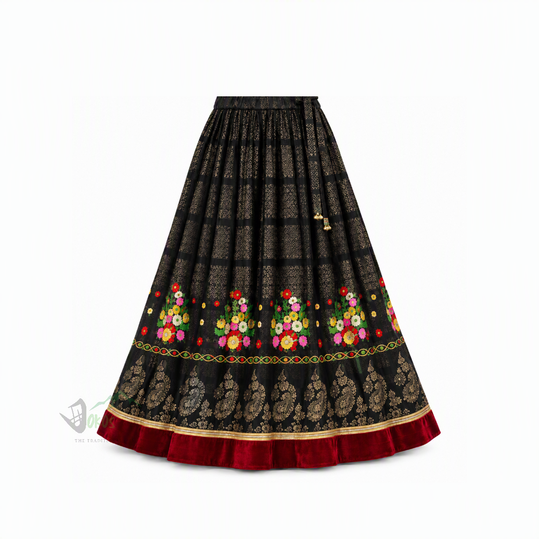 Black and maroon traditional lehenga with colourful floral motifs and gold patterned border