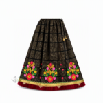 Black and maroon traditional lehenga with colourful floral motifs and gold patterned border