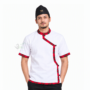 Men's designer Magar traditional dress in white with red tartan detailing and black topi with khukuri badge